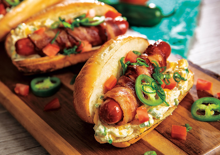 Grilled Jalapeño Popper Bacon-Wrapped Hot Dogs