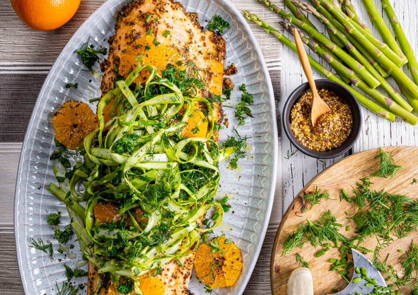 Grilled Mustard Salmon with Shaved Asparagus & Fresh Herbs